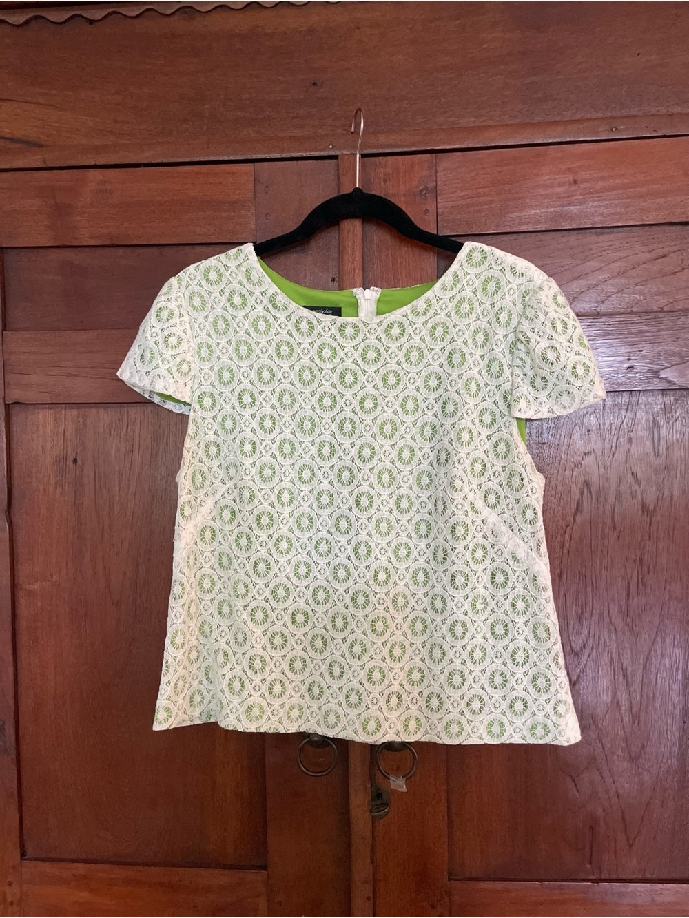 Suzi Chin White Lace Overlay Top with Lime Green Lining